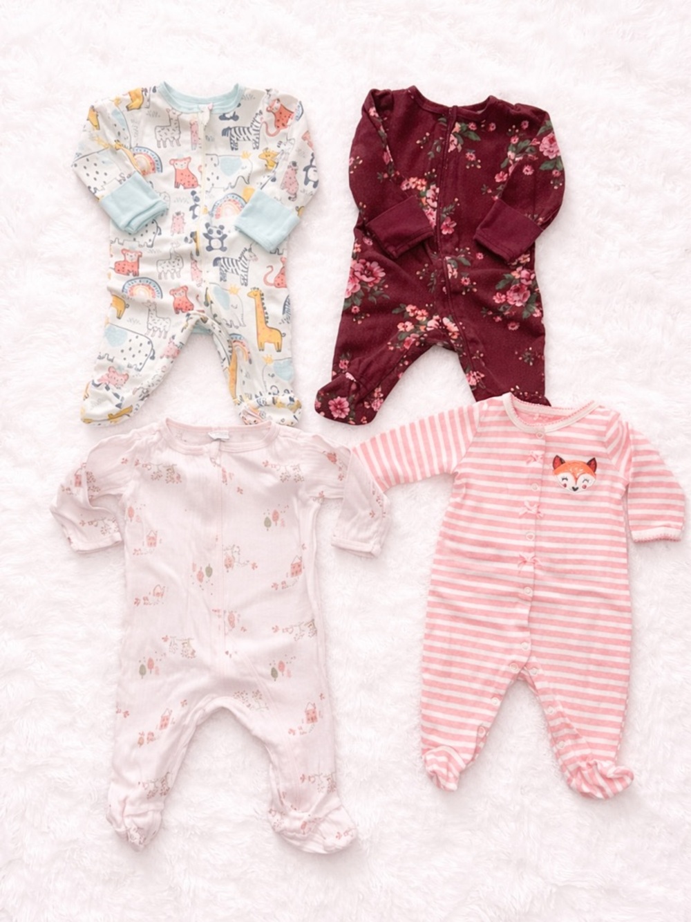 4pc Baby Girl Sleeper Bundle Size 3M | Floral Pink Animal Footie Pajamas Set